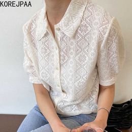 Korejpaa Women Shirt Summer Korean Chic Retro Temperament Lapel Single-Breasted Micro-Transparent Lace Crocheted Blouses 210526