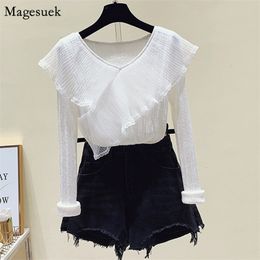 Autumn Long Sleeve Shirt Women Tops V-neck Ruffles Slim White Blouse Korean Fashion Shirts Blouses 11182 210512