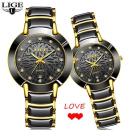 2020 Couple Watches Lige Top Brand Luxury Quartz Clocks Waterproof Wristwatch Fashion Women Watch Men Real Ceramic Watch Lovers Q0524
