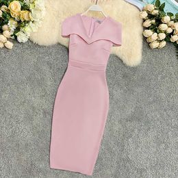 Ladies Modest Pink Sheath Dress with Cape Sleeve Midi Length V Neck Soft Summer Slim Office Work Wear Dresses Plus Size S XXL 210527