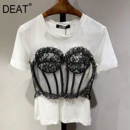 Lace Patchwork Slim Bottomed Short Sleeve T-shirt Cotton Black And White Top Female Spring Summer GX1187 210421