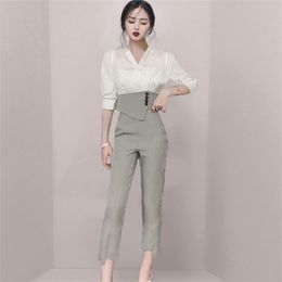 High Quality Spring Women 2 Piece Set Elegant Office Lady Outfits Hit Color Blouse and OL Plaid Pants Fashion Sets 210519