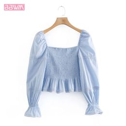 Spring Women Square Neck Long Sleeve Slim T-shirt Vintage Blue Puff Sleeve Stretch Bust Ruffle Chic Female Tops 210507