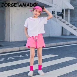 Summer Teenagers Girls 2-pcs Sets White T-shirt Top + Shorts Kids Sports Fashion Clothing E22097 210610