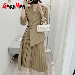 Vintage pleated belt blazer dress women Elegant office ladies es Long sleeve suit female autumn party 210428