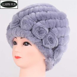 Winter Women Knit Real Rex Rabbit Fur Hat Natural Warm Quality Cap Lady Fashion 100% Genuine Hats 211119
