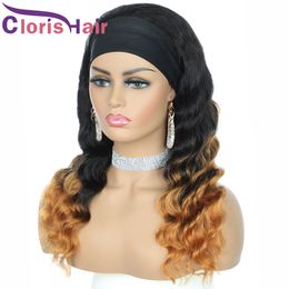 Coloured 1B 27 Human Hair Loose Wave Peruvian Virgin Headband Wig For Black Women Dark Roots Honey Blonde Ombre Glueless Scarf Wigs High Density