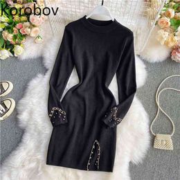 Korobov V Knitted bottom bag hip skirt autumn and winter sexy slim slimming beaded split sweater dress long sleeves 210430