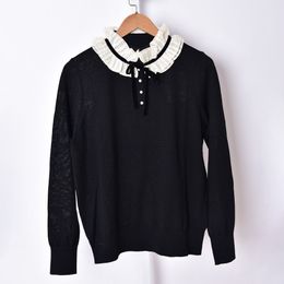 2021 Autumn Fall Long Sleeves Round Neck Black Solid Colour Knitted Ribbon Tie Bowknot Panelled Pullover Style Sweater Women Fashion Knits Tops S2721101