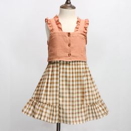 Summer Baby Girls Braces Vest + Grid Skirt Set Kids Girl Princess Dress Suit Clothing Casual Fashion 210521