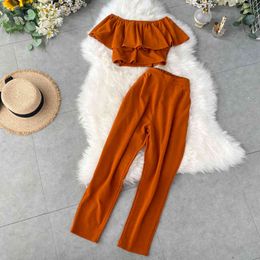 Two Piece Set Sexy Women Ruffled Slash Neck Crop Top + Loose Wide Leg Long Pants Suits Summer Beach 210423