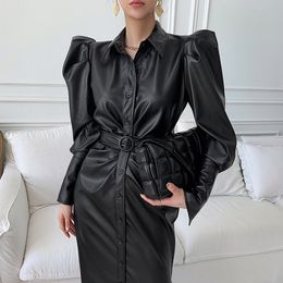 New Autumn fashion women's turn down collar puff sleeve single breasted with belt vent jag maxi long PU leather cool dress SM