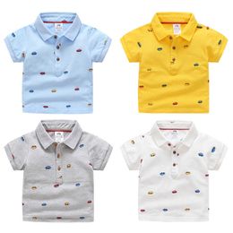 Summer Children's Clothing Baby Candy Colour Turn Down Collar Cartoon Character Kids Boy Car Short Sleeve Cotton T-Shirt 210529