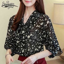 Summer Casual Lady Tops Chiffon Women Clothing Sweet Printing Blouses Three Quarter Sleeve Bow Plus Size 5538 50 210508
