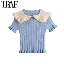 TRAF Women Sweet Fashion With Ruffled Cropped Knitted Sweater Patchwork Collar Short Sleeve Female Pullovers Chic Tops 210415