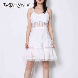 Solid Casual Dress For Women V Neck Sleeveless High Waist A Line Knee Length Dresses Female Fashion Summer 210520