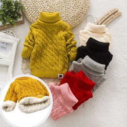 PHILOLOGY Plush inside pure color winter boy girl kid thick Knitted turtleneck shirts solid high collar pullover fluff sweater 211104