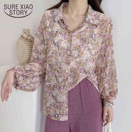 Print Flower Ladies Tops Clothes Vintage Chiffon Shirt Plus Size Summer Cardigan Long Sleeve Women Blouse 9191 50 210415