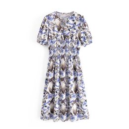 Women Summer Dress in Floral Print Fashion Short Sleeve Modern Lady Shirred Waist Midi Sundress 210602