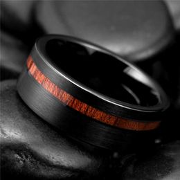 Flat Band Wood Ring Black Tungsten Wedding Band For Men And Women With Offset Groove Real Wood Inlay 8MM Comfort Fit X0715