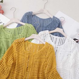 Sexy Cutout Knitted Cardigan Sweater Women Five-point Sleeves Thin Sunscreen Air Conditioning Short Sweater Female Spring Summer 210604