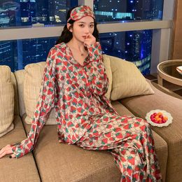 Silk Pyjamas women's spring and autumn long sleeve sexy home clothes popular ice silk strawberry two piece suit Q0706