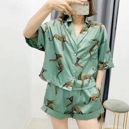 new summer women two piece set leopard printed Pyjama style soft short tops blouse & printed casual shorts loose X0428