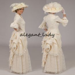 long white one handed dresses UK - 19 Century Victorian Regency Prom Dresses with Long Sleeve 1860s Civil War Revolutionary Lace-up Halloween Cosplay Evening Dress
