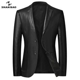 SHAN BAO autumn brand men's leather suit jacket classic style business casual men's plus size banquet suit black 211018
