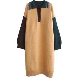 H.SA Women Long Pullover and Sweaters Turn Down Collar Patchwork Knee Length Sweater Dress Oversized Yellow Pull Jumpers 210417