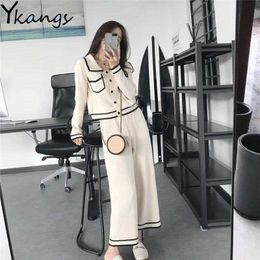 Fashion Striped Knitted Two Piece Suit Women Elegant Single Breasted Long Sleeve Top And Knit Wide Leg Pants Korean Black Suit 210619