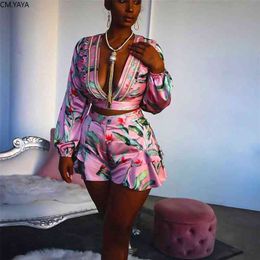 Summer Women Set Tracksuits Beach Bohe Floral Print Tops+Shorts Sexy Night Club Party Street Two Piece Suit Outfits G1979 210721