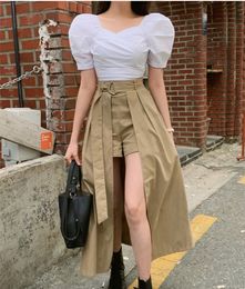 Fashion Summer Women's Elegant Puff Short Sleeve Blouses+Split Type Lace up Irregularity Culotte Two Piece Set Chic Female Suit X0428