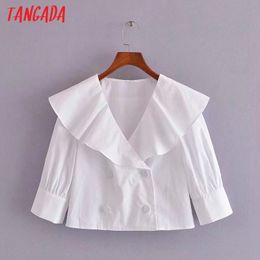 Women Retro White Oversize Collar Lantern Sleeve Chic Female Short Blouse Shirt Tops 3H287 210416