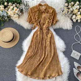 Floral Women Dress Chiffon Ruffles Bow Mori Girl Vestidos Short Sleeve High Waist A-line Summer Dresses 16280 210415