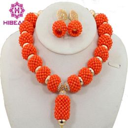 Earrings & Necklace Luxury Bridal Orange Coral Beads Jewellery Set Handmade African Wedding Nigerian SetABL994