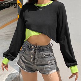 Ezgaga Long Sleeve Tshirts Women O-Neck Fashion Patchwork Contrast Ladies Sexy Y2k Tops All-Match Autumn Tee Streetwear 210430