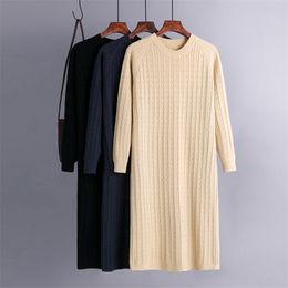 Autumn Korean loose twist dress female Long Knit Straight DressThick Warm Women Sweater Dress Black Apricot Midi Dresses Winter 210420