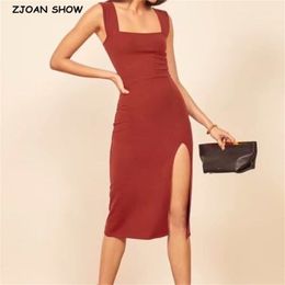 Sexy Stretch Women Slit Party Dress Vintage Square Collar Knitted Rib Midi Sleeveless Dresses for Woman Vestidos 210429