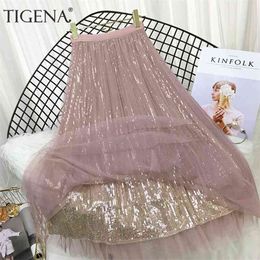 TIGENA 4 Layers Fashion Sequin Tulle Skirt Women Spring Summer Korean Long Maxi Skirt Female High Waist Pleated Skirt Pink 210412