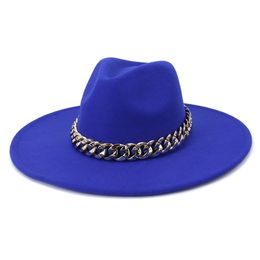9.5CM Big Brim Women Men Solid Colour Peach Heart Top Faux Wool Felt Jazz Fedora Hats with Chain Panama Party Wedding Formal Hat