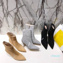 fashion-Black gray khaki Cashmere High Heels Ankle Boots Leather with Spikes Pointed Toes Womens Fashion Sexy Ladies Shoes