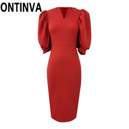 Women Soft Slim Fit Orange Red Bodycon Sheath Midi Length Elegant Dress Lantern Sleeve Plus Size Party Dresses S XL 210527