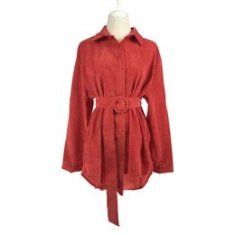 PERHAPS U Asymmetrical Women Blue Red Solid Turn Down Collar Long Sleeve Full Sleeve Shirt Sash Corduroy High Street B0138 210529