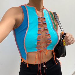 Women Sexy Hollow Out Crop Top Camis Bright Colour Block Patchwork SleevelLace-Up Tank Female Summer Clothing X0507