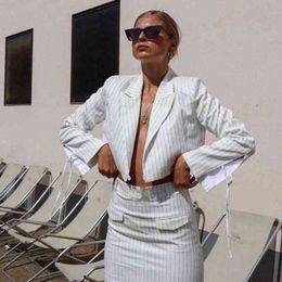 Women Trendy Striped Printed 2 Pieces Suit Jacket Tops Slim Mini Skirt Streetwear Sexy Elegant Blazer And Skirt Set Color White 210412