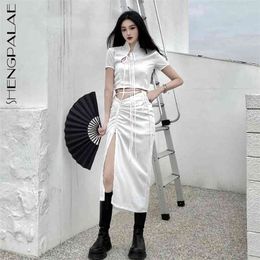 White Stand Collar Bandage Tops And High Waist Folds Split Mid-calf Skirt Two Piece Sets For Women In Summer 210427