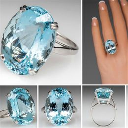 Wedding Rings Female Light Blue Oval Ring Fashion 925 Silver Big Crystal Zircon Stone Engagement Vintage For Women