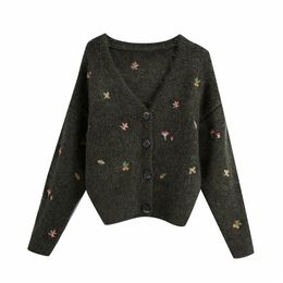 Causal Women Dark Green Sweater Fashion Ladies Chic Embroidery Knitted Cardigan Streetwear Female V-Neck Soft Loose Coat 210427