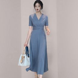 Fashion Elegant Dress Women Solid Colour V Neck Short Sleeve Plated Swing Party Banquet 210520